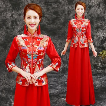 1set/lot stil Chinezesc femeie rosu cheongsam sifon satinat qipao set damasc jumătate maneca broderie cheongsam
