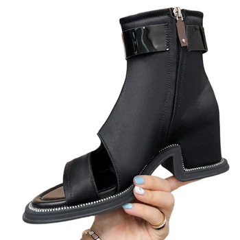 2023 Femei Sandale De Vară Unic Fermoar Inconjoara Talpa Design Cap Rotund Deget De La Picior Deschis Cizme Scurte De Moda Ochi-Prinderea Tocuri Inalte