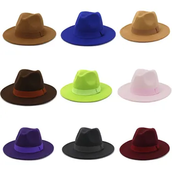2023 Femei și bărbați 7cm refuz culoare solidă margine largă lână simțit jazz Fedora pălărie Panama hat party en-gros