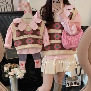 2023 Mama Și Fiica de Potrivire Haine de Toamna-coreean Copii Îmbrăcăminte pentru Femei Vesta Tricot Bluza Mama Copilului Fetele fără Mâneci Pulover