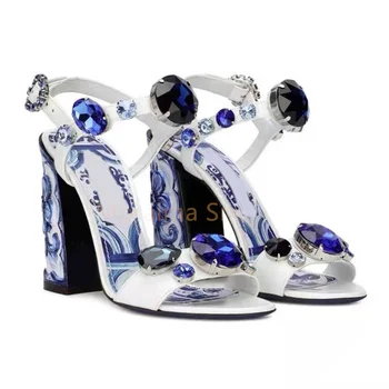 2023 Noi Indesata Toc pentru Femei Sandale de Vară Albastru și Alb Portelan Imprimat Diamant Sandale cu Toc Înalt de 10 cm de Lux Doamnelor Pantofi
