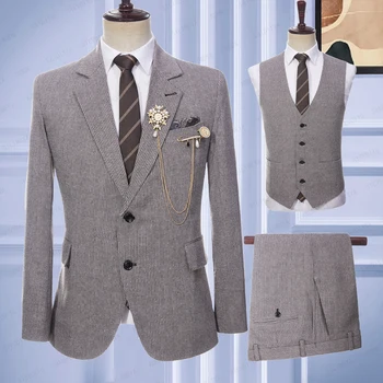 2023 Nouă Bărbați de Înaltă Calitate de Afaceri Lenjerie de Costume Maro Alb Spic de Nunta Mirele Rochia Tuxedo 3 Buc Set（Sacou+Vesta+Pantaloni）