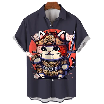 2023 Stil Japonez pentru Bărbați Cămăși pentru Bărbați Îmbrăcăminte Tricou Bushido T-shirt de Sus Bărbat cu Cămașă Hawaiană Animal Pisica 3d de Imprimare de Tricouri de Vara