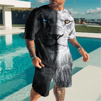 2023 Vara 3D de Mare Ascunse de Imprimare Bărbați Supradimensionate T-shirt Short Sleeve Sport Costum Leu Imprimare Tendință de Moda Costum pentru Bărbați Îmbrăcăminte