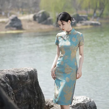 2023 Vară Mediu Cheongsam Jacquard Temperament Moda Elegant Fantă Mare Îmbunătățit Qipao Stil Chinezesc Rochie de Seara pentru Femei