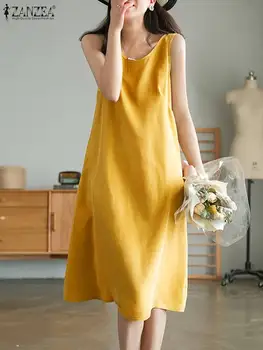 2023 ZANZEA Femei Vintage Rochie de Vara Sexy rochie fără Mâneci Gât Rotund Midi Sundress Vacanță Solid Halat Casual, Rochii de Petrecere Vestidos