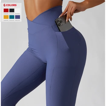 2024 Nou Solid Coaste Pantaloni de Yoga pentru Femei Buzunar Cruce Talie Mare de Fitness Colanti Sexy Hip Lift Formare de Funcționare Colanti