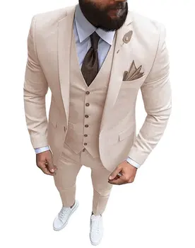 3PC Singur Pieptul Blazer Masculin Set Slim Fit Mirele Formale Oameni de Afaceri Costum de Rever Crestătură Smoching Petrecere de Nunta (Sacou+Vesta+Pantaloni)