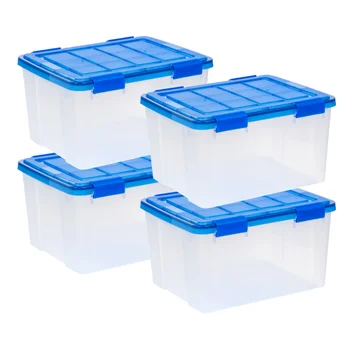 44 Litru WeatherPro™ Garnitura de Plastic transparent Cutie de Depozitare cu Capac, Albastru, Set de 4
