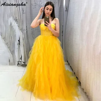 Aixiangsha Curele de Spaghete Galben Tul Lung Rochie Formale Rochie de Bal vestidos de noche Pentru Femei Elegante Personalizate 2023