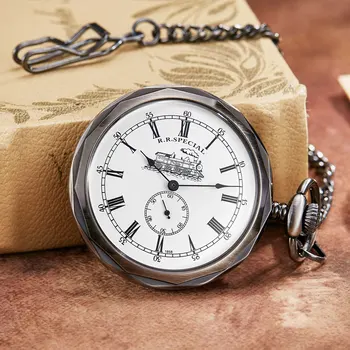 Argint Antic De Buzunar Londra & Fob Ceasuri De Mână Vânt Schelet Bărbați Femei Mecanice Ceas De Buzunar Cu Lanț Pandantiv Colier