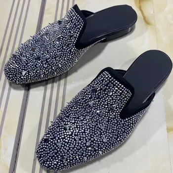 Argint Stras Mocasini Barbati Nit Pantofi De Lux Lucrate Manual Aluneca Pe Jumătate Pantofi Pentru Bărbați Papuci De Vara Casual Pantofi