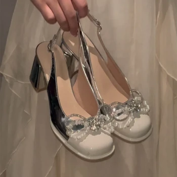 Argint Tocuri Inalte Pantofi Mary Jane Pentru Femei Stras Bowknot Indesata Toc Sandale De Vara Rochie Eleganta De Nunta Pompe De Pantofi