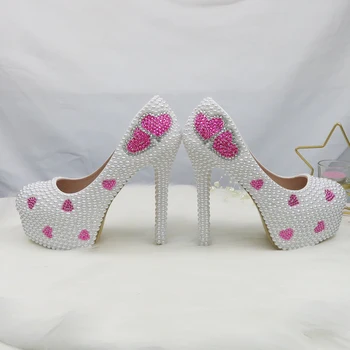 BaoYaFang Nou Margele sidef Alb pentru Femei pantofi de Nunta Mireasa tocuri Înalte, rochie de petrecere pantofi cu platforma si geanta set Iubitorii de Inima