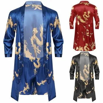 Barbati Dragon Satin Imprimat Halat Set de Mătase Ușoară Kimono-Halat de baie cu pantaloni Scurți, cămașă de noapte, Pijamale