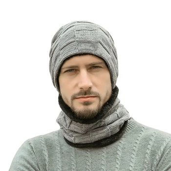 Bărbați de Iarnă Ține de Cald Căciulă Fular Set de sex Masculin Căptușeală Lână Fire de Lână Pălărie Tricot Neck Gaiter Culoare Solidă Design Carouri en-Gros