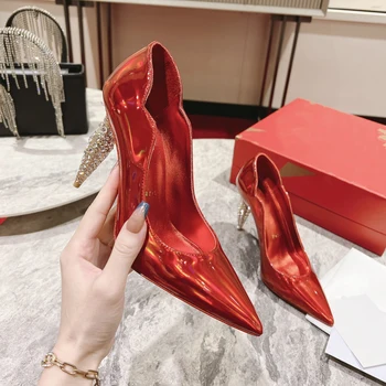 Calitate de Top Femei Tocuri Înalte de Moda de Lux Doamnelor Cristal Strălucesc Roșu Unic Pantofi Retro Clasic Designer de 10 cm toc 2046HJ