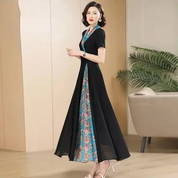 Chineză tradițională epocă hanfu rochie de femei elegante V gât art șifon rochie vintage eleganta uzura de partid slim O Linie de rochie