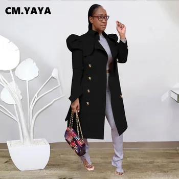 CM.YAYA Toamna Iarna Puff Maneca Buton Dublu Clasic Lung Trenci pentru Femei de Moda Streetwear de Turn-down Gât Jachete