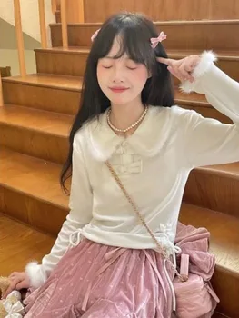 Coreea Moda cu dungi tricou Maneca Lunga din Tricot Alb de Bază Tricou Solid Sexy Slim Tricou Y2k Estetice Topuri Drăguț