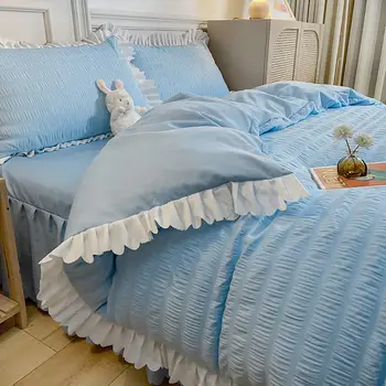 Coreeană Materialul Lenjerie de pat Queen / King Size, Culoare Albastru Carpetă Acopere cu Unduiri Pat Dublu Set de Foi cu fata de Perna lenjerie de Pat