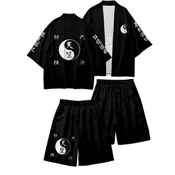 Costum din două piese Opt Diagrame Japoneză Cardigan Femei Bărbați Cosplay Yukata Îmbrăcăminte Tai Chi Imprimare Samurai Kimono + Pantaloni Seturi