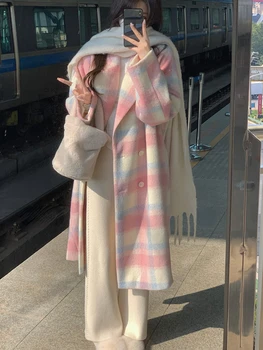 De Iarnă 2022 Curcubeu Palton Femei Casual Carouri Haine Lungi Birou Doamnă Y2k Îmbrăcăminte Coreeană De Moda Paltoane Jacheta
