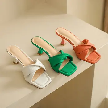De sex feminin Pantofi Low-toc Patrat Doamnelor Papuci de Lux, Slide-uri de Femei Tocuri 2023 Bloc Designer de Vară de Moda de Înaltă Roma PU Cauciuc R