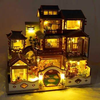 DIY din Lemn Mini Păpuși Tradiționale Chineze Mari Vila Casa Papusa Asamblat Jucarii pentru Copii de Ziua de nastere Cadouri de Crăciun pentru Adulți