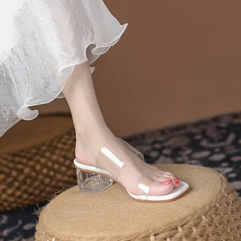 Doamnelor Moda PVC Transparent Deget de la picior Deschis 2023 Cap Pătrat Femei Papuci Haimana Interior Zapatos De Mujer de Lux, Sandale de Vara