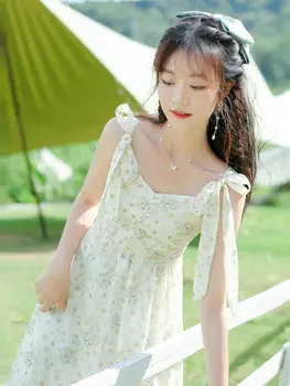 Dulce Pastorală Stil Cravată Arc Floral Rochie De Sex Feminin Zână Drăguț Bretele Rochii Lungi 2023 Vară O-Linie Coreea De Birou Doamnă Rochie