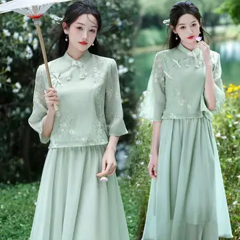 Eleganta de Vara Verde Îmbunătățit Cheongsam Broderie Moda Retro Zen Topuri Fusta Rochie de domnisoara de Onoare Stil Chinezesc Hanfu pentru Femei