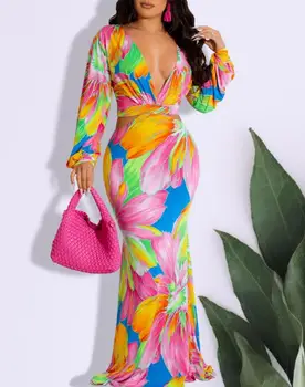 Elegante Rochii de vara pentru Femei 2023 Sexy Print Floral Plonja Legat Detaliu Sirena Maxi Slab Rochie Noua Moda Casual de Vacanta
