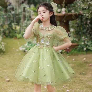 Fata Verde, Paiete, Ștrasuri Din Mărgele Tul Petrecere De Seara Rochie De Fată Formale Școală Ceremonie Tinuta Copii Costum