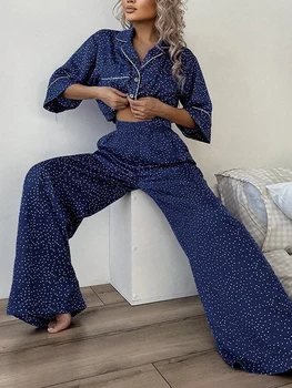 Femei 2 Bucata Pijama Lounge, Dot Imprimare Guler de Turn-Down Cot Camasi cu Maneca Topuri și Pantaloni Body Haine