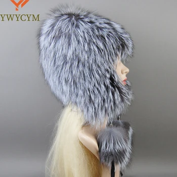 Femei De Lux Naturale Fox Caciula De Blana Blană Cap Căciuli Tricotate Pălării Ruse De Brand De Moda De Iarnă Caldă Doamna Capac Silver Fox Caciula De Blana