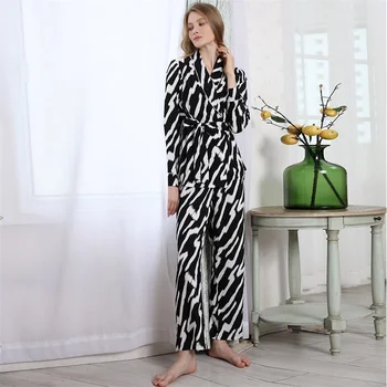 Femei Primavara Pijamale Guler Polo cu Maneci Lungi din Dantela-Up Cardigan Pantalonii Acasă Seturi de Îmbrăcăminte de Moda Zebra dungi-de-Casual Homewear