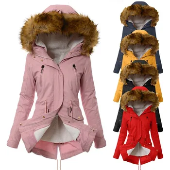 Femei sacou din bumbac cu pluș și o grosime de izolație, guler de lână cu glugă, de toamnă și de iarnă, haina, jacheta de bumbac pentru femei