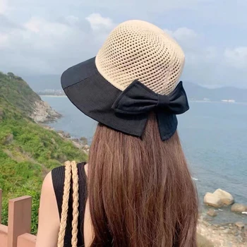 Femei Soare Pălărie Găleată Pălării de Primăvară-Vară Și Toamnă Respirabil Gol Împletit Pliabil Pălăria în aer liber, Plajă, Pălării Arc