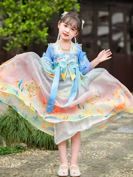 Fete Copii Albastru Broderii Florale Hanfu Populară Chineză Copii Petrecere Costume Printesa Zână Cosplay Dress