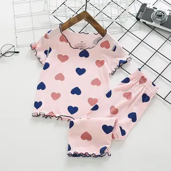 Fete pentru copii Haine de Vara cu Maneci Scurte T-shirt Set Top Si Pantaloni de Bumbac Moale Inima de Imprimare Body-coreean 2023 Casual Pijamale