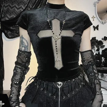 Gotic Catifea Topuri Grunge Streetwear Tricou Maneca Scurta Femme Vintage Negru Mall Goth y2k Crop Top Estetice Emo Haine