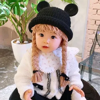INS Copii Fata de Pălărie Împletită Pălării Copil Drăguț Ureche Beanie Copii Capace cu Impletituri Toamna Iarna Mână-tricotate Frizură Nou-născut Capota