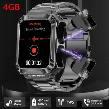 Inteligent Ceas 3 in 1 setul cu Cască fără Fir 4GB de Memorie 400 mAh 1.96 Inch Ecran Tactil Complet de apelare Bluetooth Smartwatch Bărbați Femei