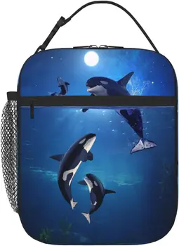 Killer Whale Cutie de Prânz Ocean Luna Sac de masa de Prânz Izolate Reutilizabile Portabil Prânz Tote Sac Cooler pentru Barbati Femei Copii Adolescenti