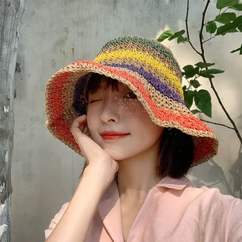 Manual de Paie Curcubeu Palarie de Soare pentru Femei Vacanță de Vară pe Plajă Colorate Hat Pliabil de Plaja Femei Pălării de Soare, Pălării