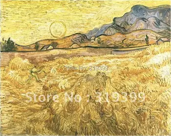 manual pictura in ulei reproducere ,Vincent Van Gogh pictura,Câmp de Grâu cu Reaper și Soare ,100% handmade,Gratuit de Transport DHL