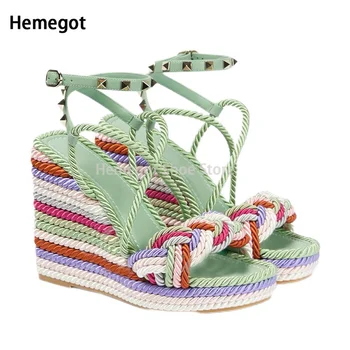 Menta Verde Cânepă Frânghie Nit Wedge Sandale Espadrile Curea Platforma Sandale de Vara pentru Femei cu Stil de Designer de Pantofi Colorate