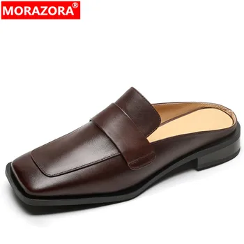 MORAZORA 2023 Noi Square Toe Piele naturala Papuci de Epocă Doamnelor Catâri Pantofi de Vara Pătrat Tocuri Joase Papuci