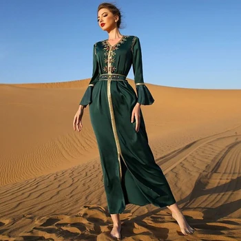 Musetta De Culoare Verde Închis Tinuta Caftan Rochii De Seara Dantelă De Aur Aplici Marocan Dubai Rochie De Bal Arabă Rochie De Ocazie